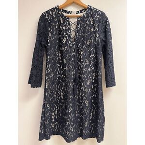 Xhilaration Womens Lined 3/4 Sleeve Tassel Front Lace Mini Dress Black Sz S